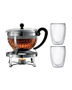Bodum Tekanna med värmare 1,3 l + 2 st Pavina dubbelväggade glas 0,35 l